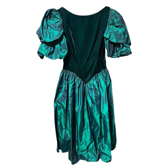 Vintage 80s ILGWU Emerald Green Velvet Taffeta Puff Sleeve Dress USA 7 - Picture 2 of 10